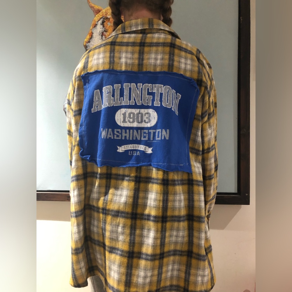 Up-cycled plaid flannel shirt - Arlington Washington Logo on back